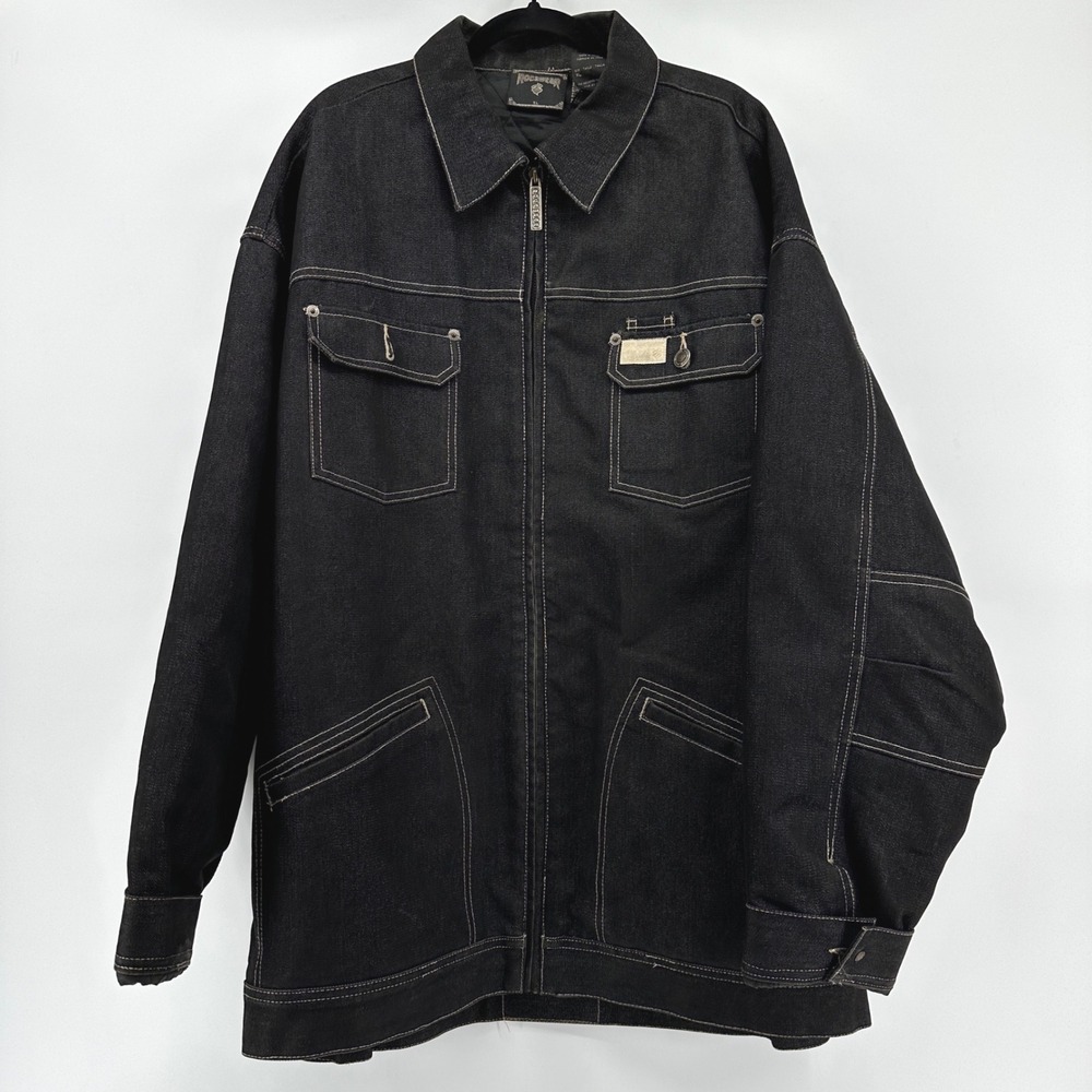 Rocawear Mens XL Black Denim Jacket Full Zip Quilted Lining Contrast Stitch Y2K